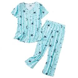 Durio Damen Zweiteiliger Schlafanzug mit Kurzarm Shirt + 3/4 Langer Schlafhose Pyjama Set Nachtwäsche Hausanzug Sleepwear Grün XL von Durio