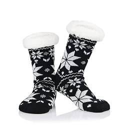 Durio Haussocken Damen Hüttensocken Innenfutter Kuschelsocken warm Winter Haussocken Anti-Rutsch Schwarz mit Schneeflocken von Durio