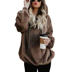 Durio Hoodie Damen Fleece Kapuzenpulli Teddy Fleece Pullover Decke Hoodie Oversize Sweaterpullover Winter Warm Braun 2XL von Durio