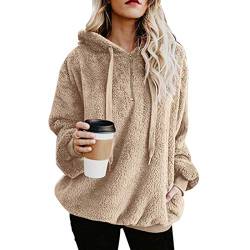 Durio Hoodie Damen Oversize Kapuzenpullover Decke Hoodie Teddy Fleece Pullover Übergroßer Sweaterpullover Winter Warm Khaki 2XL von Durio