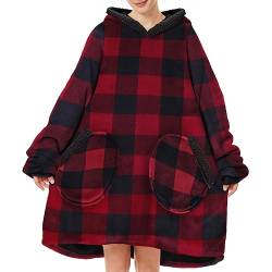 Durio Hoodie Decke Damen Oversize Pullover Herren Blanket Hoodie Warm mit Taschen Kapuzenpullover Übergroße Sweatshirt Schwarzer Karo Rot U. Schwarz von Durio