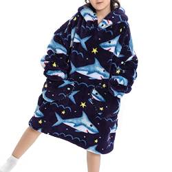 Durio Hoodie Decke Kinder Blanket Hoodie Mädchen Jungen Kapuzenpullover für Kinder Pullover mit Kapuze Hoodiesweater Warm Blaue Haie S 2-4 Jahre von Durio