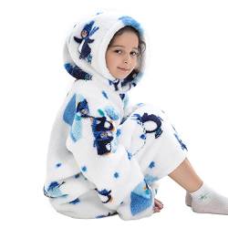 Durio Hoodie Decke Kinder Blanket Hoodie Mädchen Jungen Kapuzenpullover für Kinder Pullover mit Kapuze Hoodiesweater Warm Weiß mit Pinguin M 4-12 Jahre von Durio