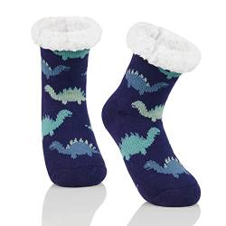 Durio Kindersocken für Jungen und Mädchen Tiersocken Flauschige Thermosocken Bodensocken Kuschelsocken Blau-Dinosaurier 10-18 Jahre von Durio