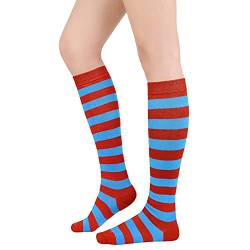 Durio Kniestrümpfe Damen Kniehohe Socken Gestreift Socken Lange Sportsocken Mädchen Kostüm Blau u. Rot von Durio