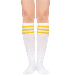 Durio Kniestrümpfe Damen Kniehohe Socken Gestreift Sportsocken Dünn Strümpfe mit Streifen Casual Lange Socken Weiß mit Gelb Streifen von Durio