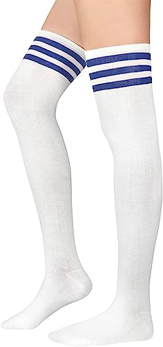 Durio Kniestrümpfe Damen Overknee Socken Lange Strümpfe Überknie Gestreift Socken Kniestrümpfe Karneval Halloween Kostüm Cosplay Kostüm Mädchen Weiß mit Blaue Streifen Einheitsgröße von Durio