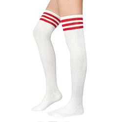 Durio Kniestrümpfe Damen Overknee Socken Lange Strümpfe Überknie Gestreift Socken Kniestrümpfe Karneval Halloween Kostüm Cosplay Kostüm Mädchen Weiß mit Rote Streifen Einheitsgröße von Durio