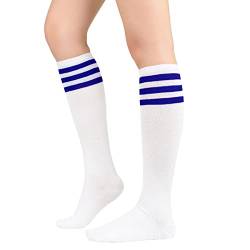 Durio Kniestrümpfe Damen Winter Hohe Socken Damen Thermo Lange Strümpfe Damen Warme Lange Socken Weiße blaue Streifen Einheitsgröße von Durio