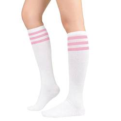 Durio Kniestrümpfe Damen Winter Hohe Socken Damen Thermo Lange Strümpfe Damen Warme Lange Socken Weiße rosa Streifen Einheitsgröße von Durio