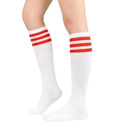 Durio Kniestrümpfe Damen Winter Hohe Socken Damen Thermo Lange Strümpfe Damen Warme Lange Socken Weiße rote Streifen Einheitsgröße von Durio
