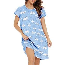 Durio Kurzarm Nachthemd Kleid Damen Mädchen Negligee für Frauen Rundhals Nachtkleid Mädchen Schlafshirt Nachtkleid Blauer Mond L von Durio