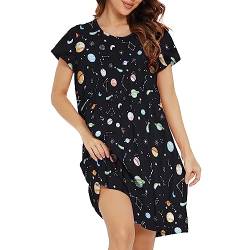 Durio Kurzarm Nachthemd Kleid Damen Mädchen Negligee für Frauen Rundhals Nachtkleid Mädchen Schlafshirt Nachtkleid Planet L von Durio