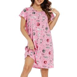 Durio Kurzarm Nachthemd Kleid Damen Mädchen Negligee für Frauen Rundhals Nachtkleid Mädchen Schlafshirt Nachtkleid Rosa mit Katze XL von Durio
