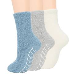 Durio Kuschelsocken Damen Stoppersocken Fuzzy Warm Wintersocken Weich Flauschigsocken Weiß Blau u. Grau von Durio