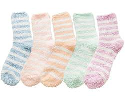 Durio Kuschelsocken Damen Wintersocken Warme Flauschige Weihnachtssocken Fuzzy Sock G 5 Paare Streifen von Durio