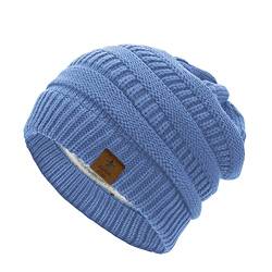 Durio Mütze Damen Winter Strickmütze Grobstrick Warme Beanie mit Innenfutter Blau von Durio