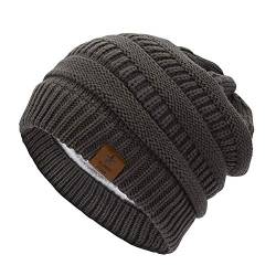 Durio Mütze Damen Winter Strickmütze Grobstrick Warme Beanie mit Innenfutter Dunkel Grau von Durio