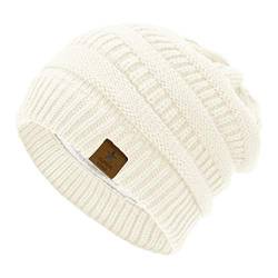 Durio Mütze Damen Winter Strickmütze Grobstrick Warme Beanie mit Innenfutter Elfenbein von Durio