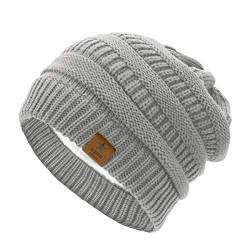 Durio Mütze Damen Winter Strickmütze Grobstrick Warme Beanie mit Innenfutter Hell Grau von Durio