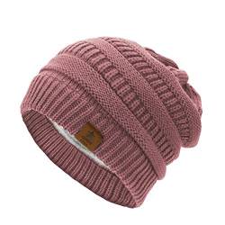 Durio Mütze Damen Winter Strickmütze Grobstrick Warme Beanie mit Innenfutter Pink von Durio