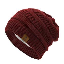 Durio Mütze Damen Winter Strickmütze Grobstrick Warme Beanie mit Innenfutter Weinrot von Durio