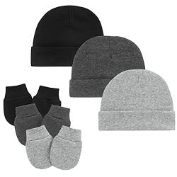 Durio Neugeborenes Babymütze und Handschuhe Set Knoten Beanie Hut Kratzfäustlinge Baby Jungen Mädchen 0-6 Monate 3er Set Schwarz Grau und Schwarzgrau von Durio