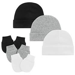 Durio Neugeborenes Babymütze und Handschuhe Set Knoten Beanie Hut Kratzfäustlinge Baby Jungen Mädchen 0-6 Monate 3er Set Weiß Schwarz und Grau von Durio