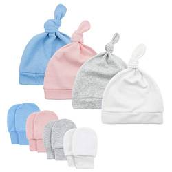 Durio Neugeborenes Babymütze und Handschuhe Set Knoten Beanie Hut Kratzfäustlinge Baby Jungen Mädchen 0-6 Monate 4er Pack Farbmischung B von Durio