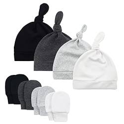 Durio Neugeborenes Babymütze und Handschuhe Set Knoten Beanie Hut Kratzfäustlinge Baby Jungen Mädchen 0-6 Monate 4er Pack Farbmischung D von Durio