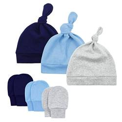 Durio Neugeborenes Babymütze und Handschuhe Set Knoten Beanie Hut Kratzfäustlinge Baby Jungen Mädchen 0-6 Monate Blau Grau u. Navy von Durio