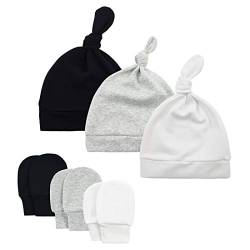 Durio Neugeborenes Babymütze und Handschuhe Set Knoten Beanie Hut Kratzfäustlinge Baby Jungen Mädchen 0-6 Monate Schwarz Weiß u. Grau von Durio