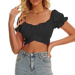 Durio Oktoberfest Damen Outfit Elegant Crop Top Shirt mit Gerüschtem Rücken Oktoberfest Kostüm Oberteil Puffärmel Cropshirt Schwarz S von Durio