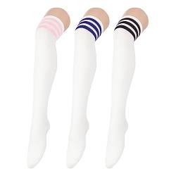 Durio Overknee strümpfe damen Warme Extra lang socken thigh highs femboy outfit overknees stiefel halterlose strümpfe sexy schuluniform mädchen Weiß (Rosa Blau und Schwarz Streifen Einheitsgröße von Durio