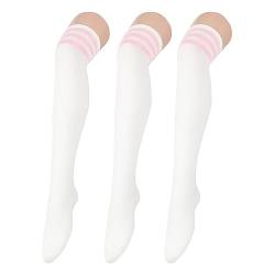 Durio Overknees Kniestrümpfe Damen Winter Hohe Socken Damen Thermo Lange Strümpfe Damen Warme Lange Socken Einheitsgröße 3 Paar Weiß mit Rosa Streifen von Durio