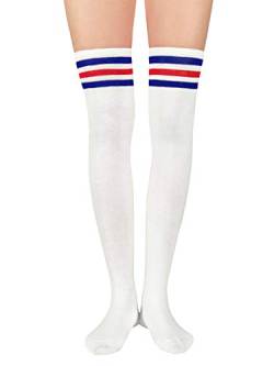 Durio Overknees Kniestrümpfe Damen Winter Hohe Socken Damen Thermo Lange Strümpfe Damen Warme Lange Socken Einheitsgröße Weiß mit Blau u. Rot Streifen von Durio