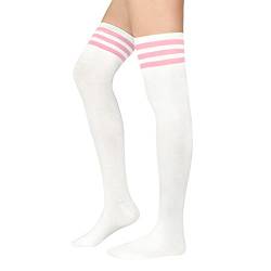 Durio Overknees Kniestrümpfe Damen Winter Hohe Socken Damen Thermo Lange Strümpfe Damen Warme Lange Socken Einheitsgröße Weiß mit Rosa Streifen von Durio