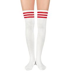 Durio Overknees Kniestrümpfe Damen Winter Hohe Socken Damen Thermo Lange Strümpfe Damen Warme Lange Socken Einheitsgröße Weiß mit Rote Streifen von Durio