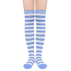 Durio Overknees Strümpfe Damen mit streifen gestreift knee high socks tigh high programmatic Kniestrümpfe für Kostüme Karneval Halloween Strümpfe Blaue und Weiße Streifen von Durio