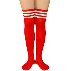 Durio Overknees Strümpfe Damen mit streifen gestreift knee high socks tigh high programmatic Kniestrümpfe für Kostüme Karneval Halloween Strümpfe Rot mit Weiß Streifen von Durio