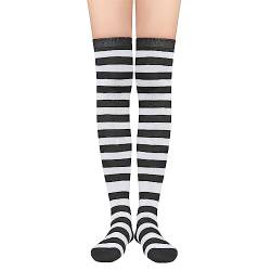 Durio Overknees Strümpfe Damen mit streifen gestreift knee high socks tigh high programmatic Kniestrümpfe für Kostüme Karneval Halloween Strümpfe Schwarz Weiß Streifen von Durio
