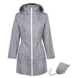 Durio Regenjacke Damen Wasserdicht Atmungsaktiv mit Kapuze Leicht Faltbar übergangsjacke Outdoorjacke mit Verstellbare Kordelzug-Taille-A Grau M von Durio