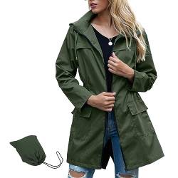 Durio Regenjacke Damen Wasserdicht Atmungsaktiv mit Kapuze Leicht Faltbar übergangsjacke Outdoorjacke mit Verstellbare Kordelzug-Taille Dunkelgrün 2XL von Durio