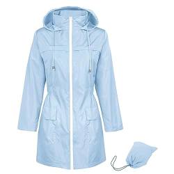 Durio Regenjacke Damen Wasserdicht Atmungsaktiv mit Kapuze Leicht Faltbar übergangsjacke Outdoorjacke mit Verstellbare Kordelzug-Taille Hellblau 2XL von Durio