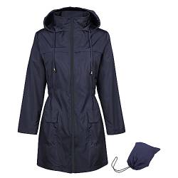 Durio Regenjacke Damen Wasserdicht Atmungsaktiv mit Kapuze Leicht Faltbar übergangsjacke Outdoorjacke mit Verstellbare Kordelzug-Taille Marineblau 2XL von Durio