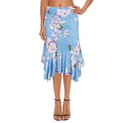 Durio Rock Damen Knielang Plisseerock Wickelrock Petticoat Ausgestelltes A-Linie Elegant Hohe Taille Blau-Rosa Blumen 38 (Tag Size M) von Durio