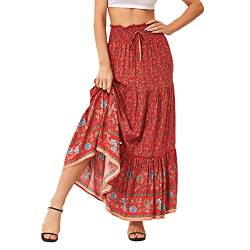 Durio Rock Damen Lang Plisseerock Maxirock Boho Sommerrock Faltenrock Strandkleider Elastische Taille Rot 42-44 (Tag Size XL) von Durio