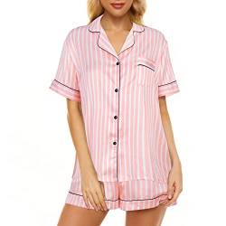 Durio Schlafanzug Damen Kurz Nachtwäsche Pyjamaset Pyjama Damen Kurz Pyjamas Für Frauen Taschen Sleepwear Sommer V-Ausschnitt Rosa Streifen 40 von Durio