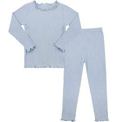 Durio Schlafanzug Kinder Pyjama Set Mädchen Jungen Schlafanzug Baumwolle Langarm Pyjama Volant Zweiteilig Hell Blau 110 von Durio