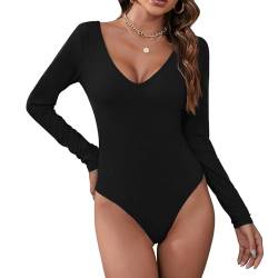 Durio Sexy Body Damen Langarm Elegant Bodysuit Tops Bodies Oberteil Overall Stringbody V-Ausschnitt Schwarz 44 (Tag Size XL) von Durio